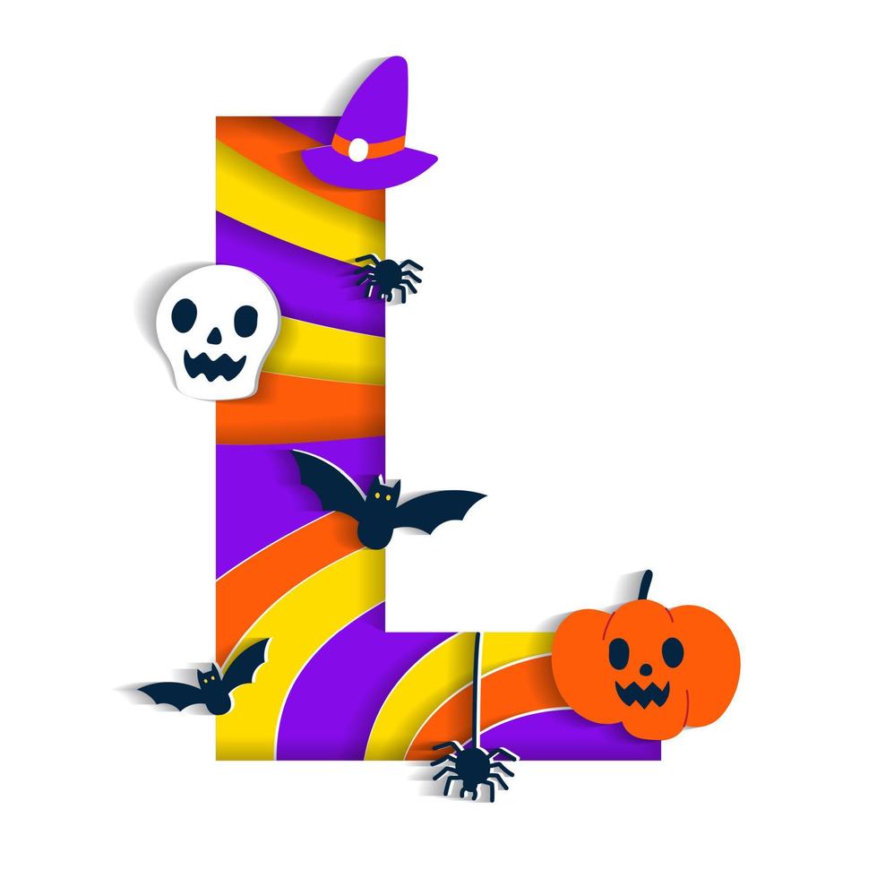 gelukkig halloween l alfabet partij doopvont typografie karakter tekenfilm spookachtig verschrikking met kleurrijk 3d laag papier uitknippen type ontwerp viering vector illustratie schedel pompoen knuppel heks hoed spin web