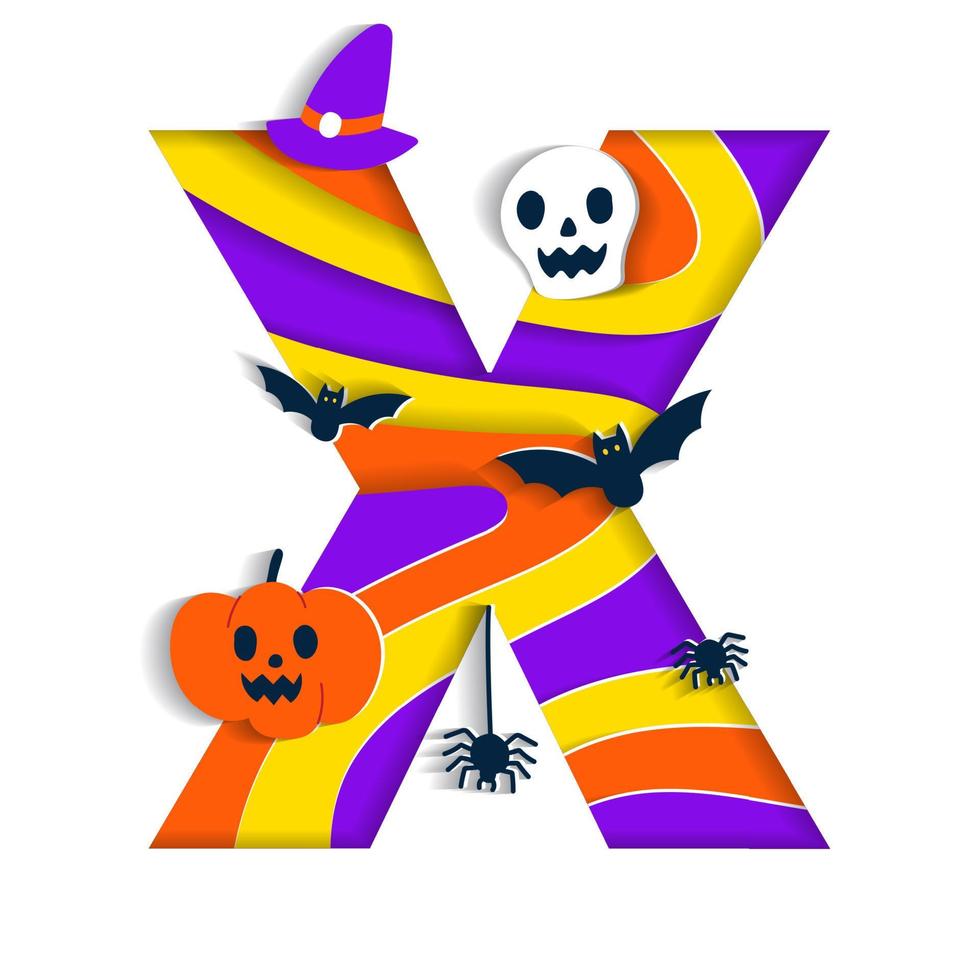 gelukkig halloween X alfabet partij doopvont typografie karakter tekenfilm spookachtig verschrikking met kleurrijk 3d laag papier uitknippen type ontwerp viering vector illustratie schedel pompoen knuppel heks hoed spin web