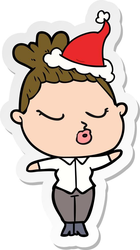 sticker cartoon van een rustige vrouw met een kerstmuts vector