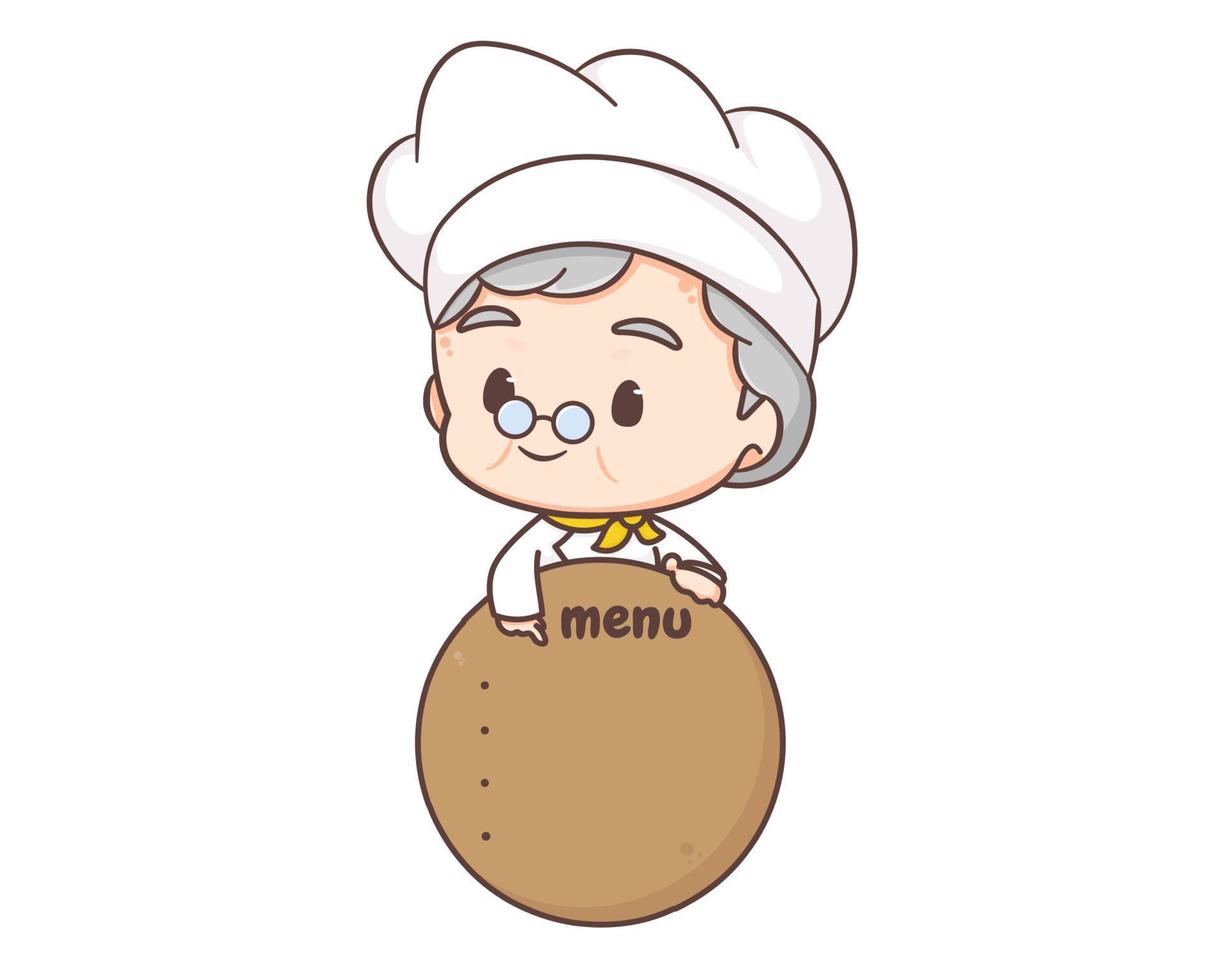 schattig grootmoeder chef tekenfilm. grootmoeder Koken logo vector kunst. mensen voedsel icoon concept. restaurant en eigengemaakt culinaire logo