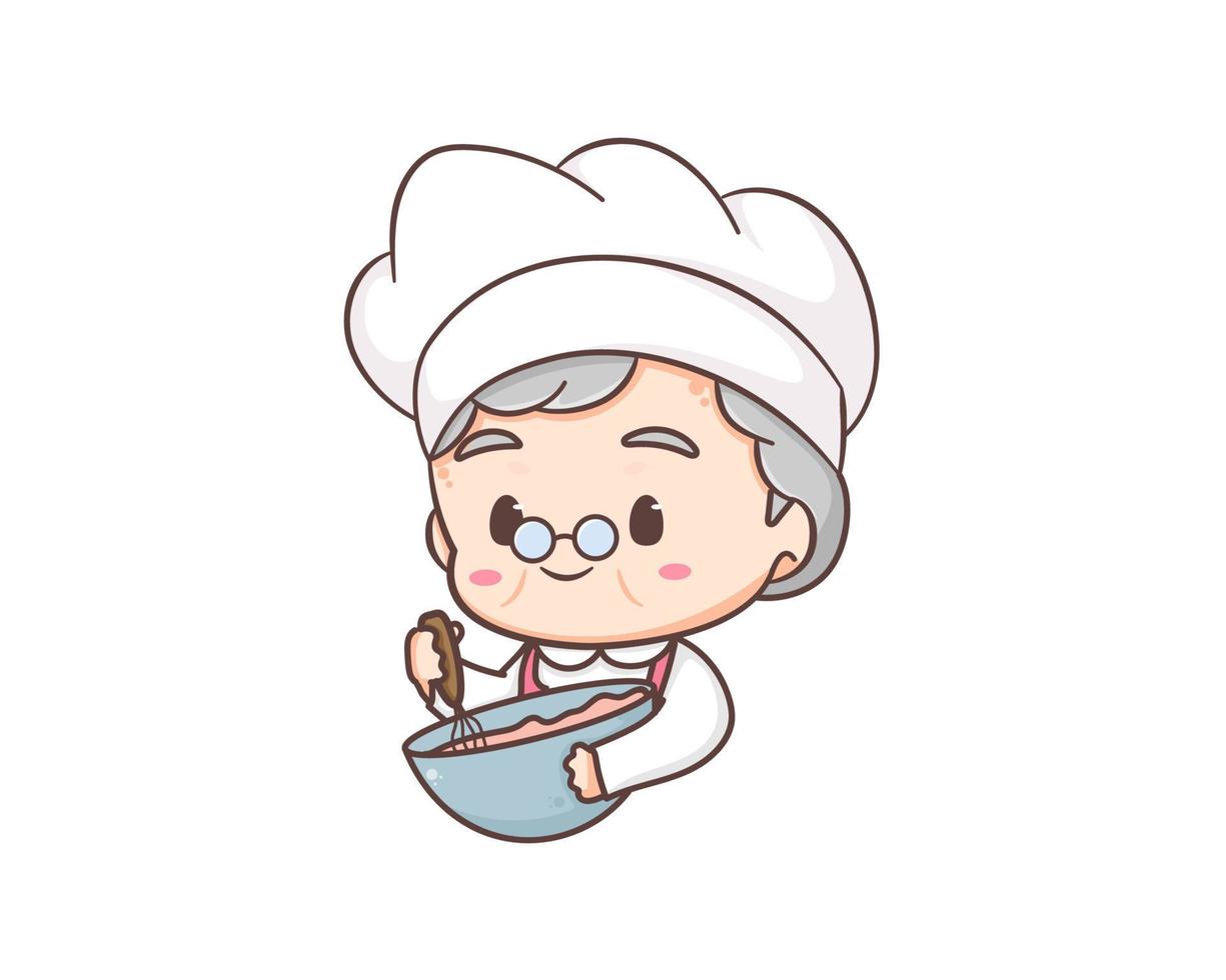 schattig grootmoeder chef tekenfilm. grootmoeder Koken logo vector kunst. mensen voedsel icoon concept. restaurant en eigengemaakt culinaire logo