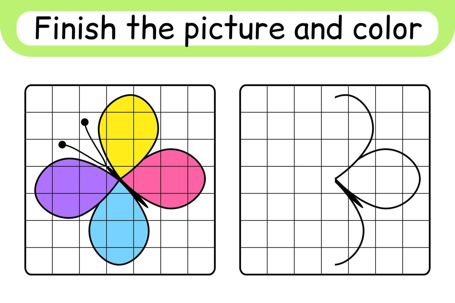 compleet de afbeelding vlinder. kopiëren de afbeelding en kleur. af hebben de afbeelding. kleur boek. leerzaam tekening oefening spel voor kinderen vector