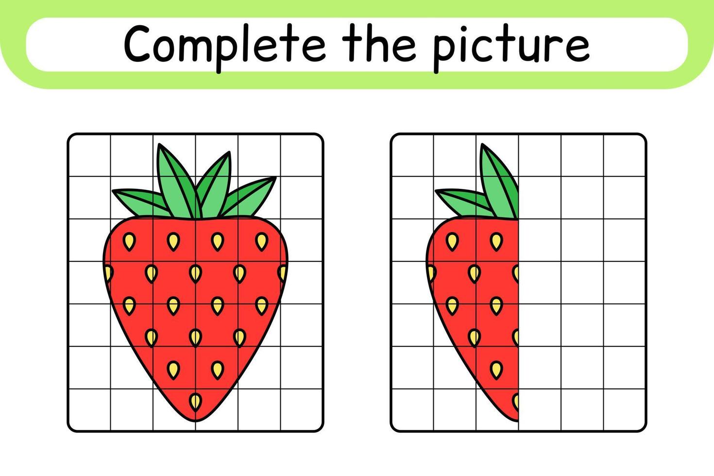 compleet de afbeelding aardbei. kopiëren de afbeelding en kleur. af hebben de afbeelding. kleur boek. leerzaam tekening oefening spel voor kinderen vector