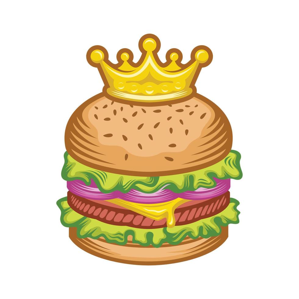 koning hamburger concept vector tekenfilm en kroon illustratie. lekker heerlijk vers hamburger, Hamburger. cheeseburger. snel eten, fastfood, menu concept