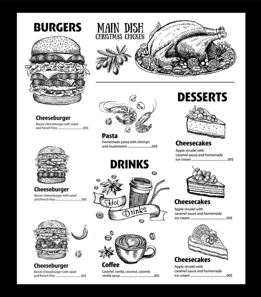 restaurant café menu, sjabloonontwerp. voedsel folder. vector
