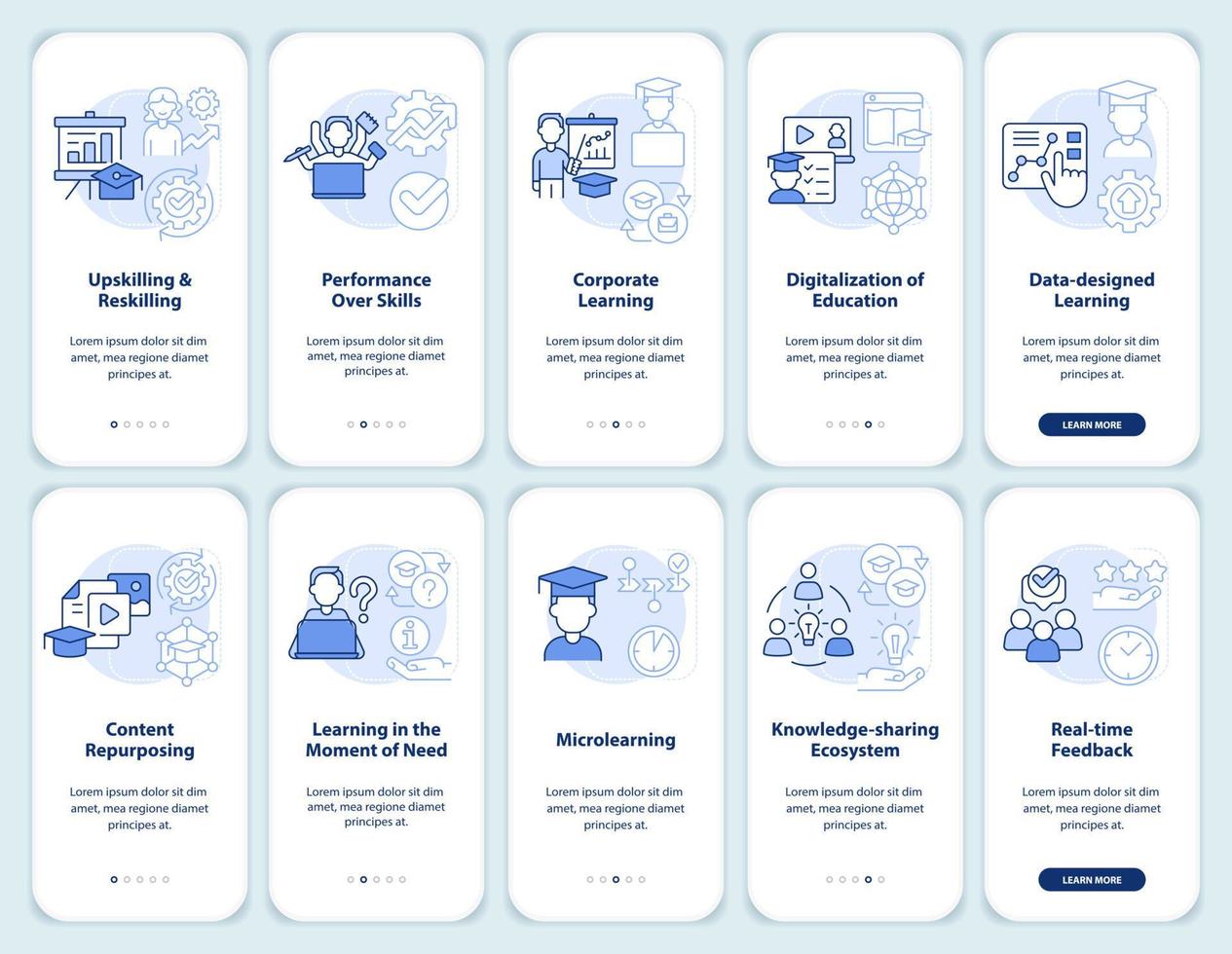 in vraag naar competenties licht blauw onboarding mobiel app scherm set. walkthrough 5 stappen grafisch instructies Pagina's met lineair concepten. ui, ux, gui sjabloon. vector