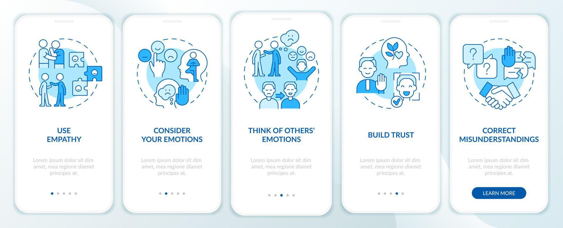 toenemend emotioneel intelligentie- blauw onboarding mobiel app scherm. walkthrough 5 stappen grafisch instructies Pagina's met lineair concepten. ui, ux, gui sjabloon. vector