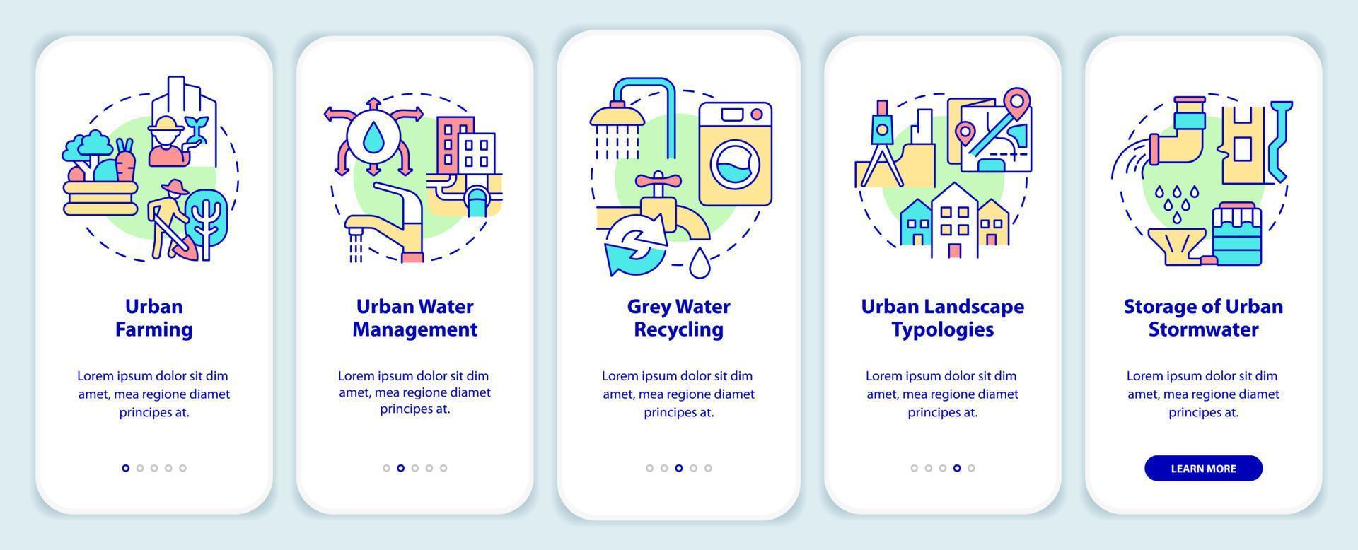 water en biodiversiteit in groen stedenbouw onboarding mobiel app scherm. walkthrough 5 stappen grafisch instructies Pagina's met lineair concepten. ui, ux, gui sjabloon. vector