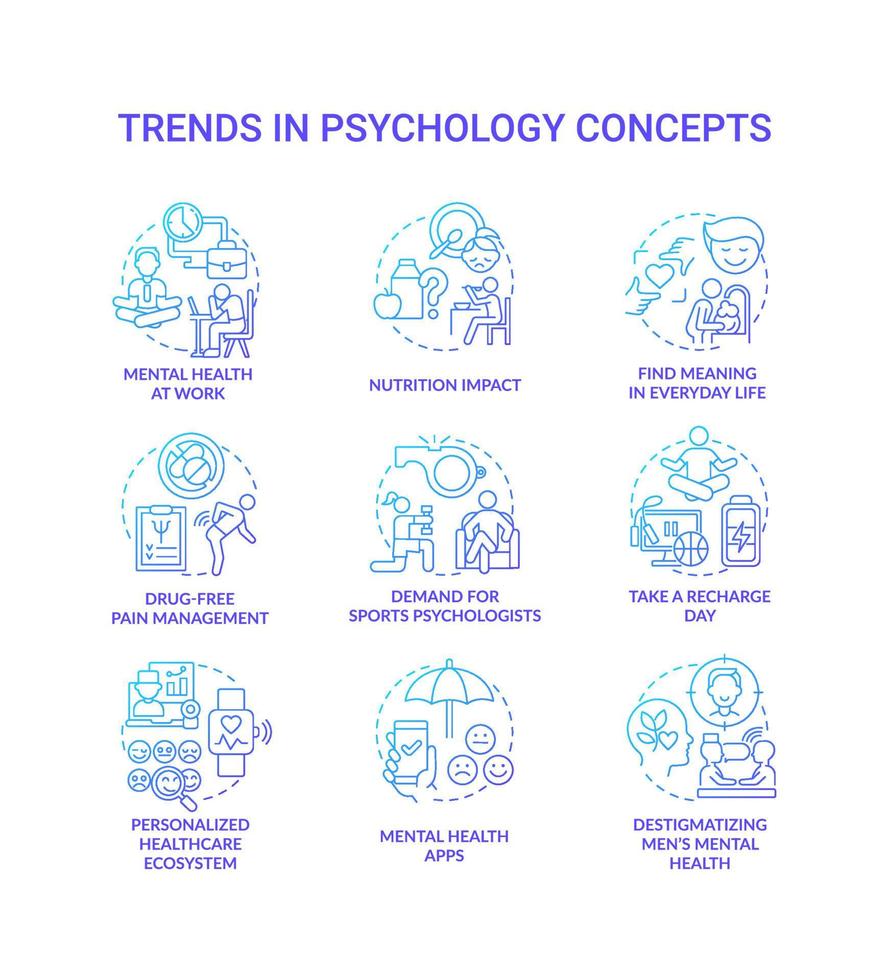 trends in psychologie blauw helling concept pictogrammen set. innovaties in mentaal Gezondheid idee dun lijn kleur illustraties. geïsoleerd symbolen. bewerkbare hartinfarct. vector