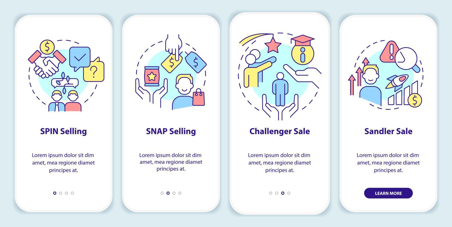 verkoop technieken onboarding mobiel app scherm. goederen Promotie walkthrough 4 stappen bewerkbare grafisch instructies met lineair concepten. ui, ux, gui sjabloon. vector