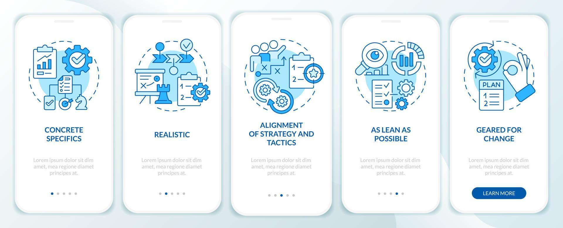 sleutel elementen van bedrijf plan blauw onboarding mobiel app scherm. walkthrough 5 stappen bewerkbare grafisch instructies met lineair concepten. ui, ux, gui sjabloon. vector