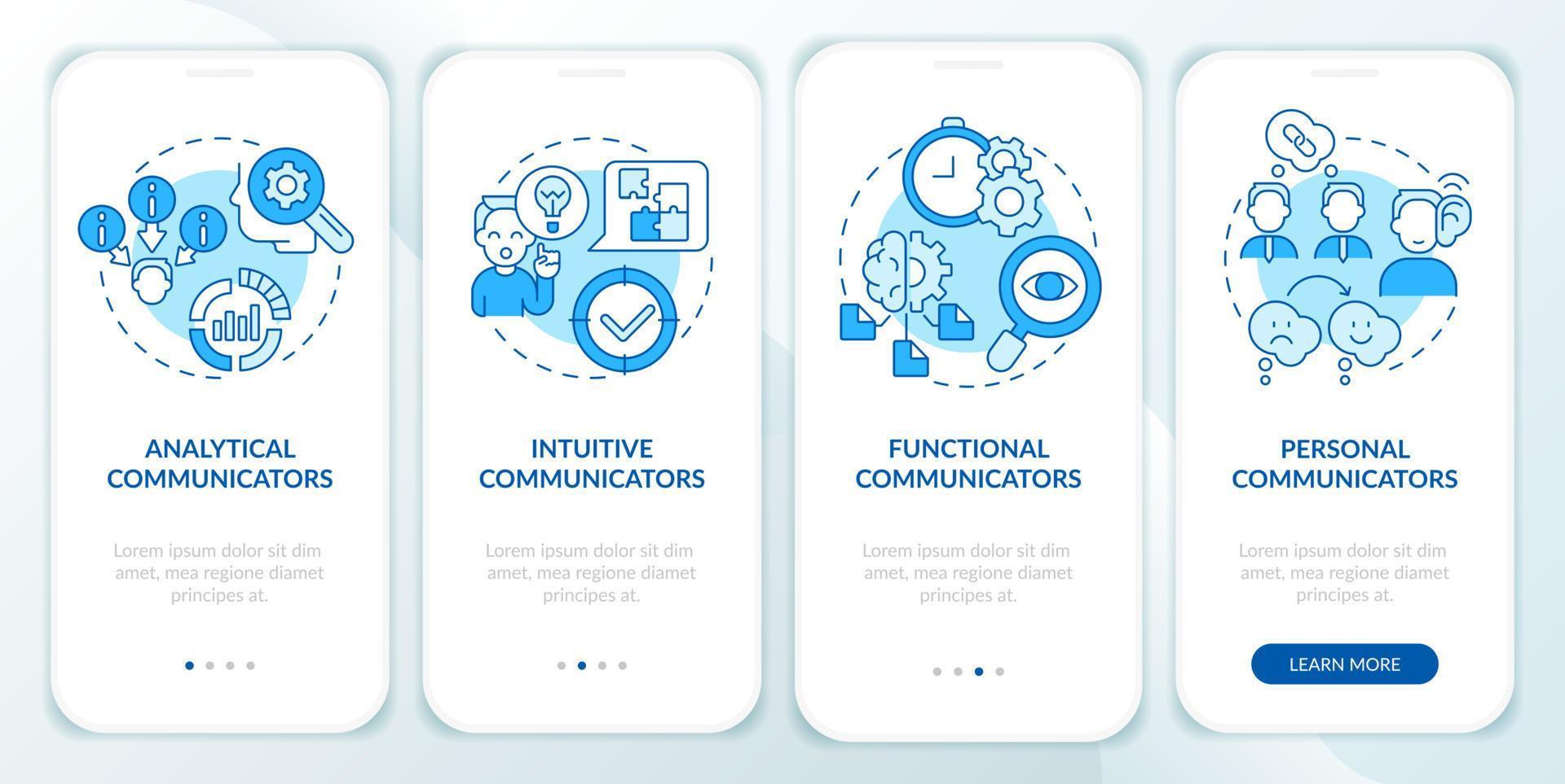 gemeenschappelijk types van communicatoren blauw onboarding mobiel app scherm. walkthrough 4 stappen grafisch instructies Pagina's met lineair concepten. ui, ux, gui sjabloon. vector