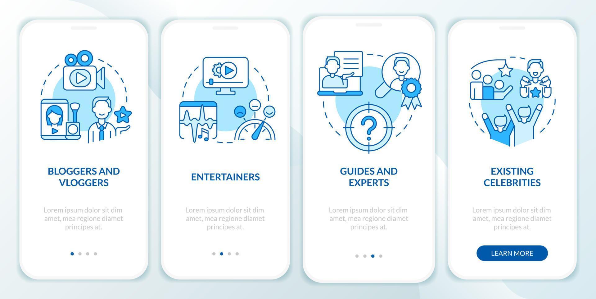 types van makers blauw onboarding mobiel app scherm. inhoud makers walkthrough 4 stappen bewerkbare grafisch instructies met lineair concepten. ui, ux, gui sjabloon. vector