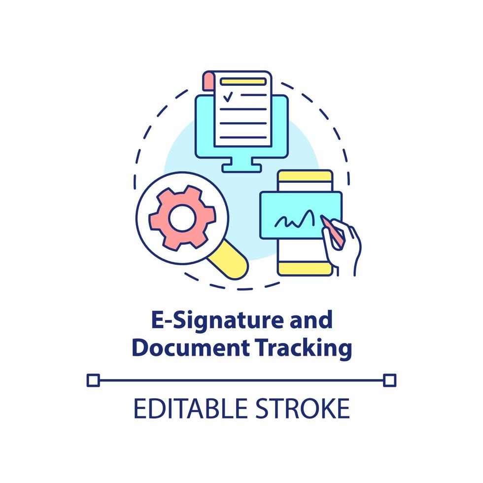 e-handtekening en document bijhouden concept icoon. verkoop gereedschap abstract idee dun lijn illustratie. wettelijk toestand. geïsoleerd schets tekening. bewerkbare hartinfarct. vector