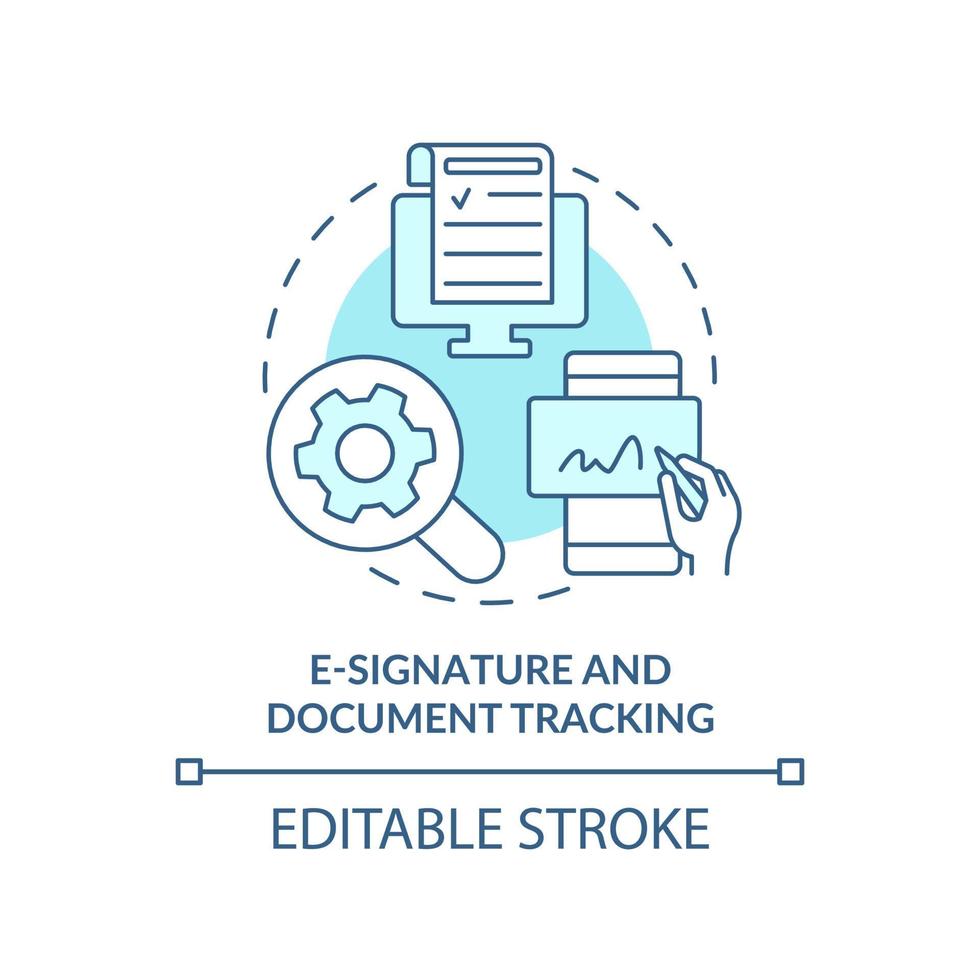 e-handtekening en document bijhouden turkoois concept icoon. verkoop gereedschap abstract idee dun lijn illustratie. wettelijk toestand. geïsoleerd schets tekening. bewerkbare hartinfarct. vector