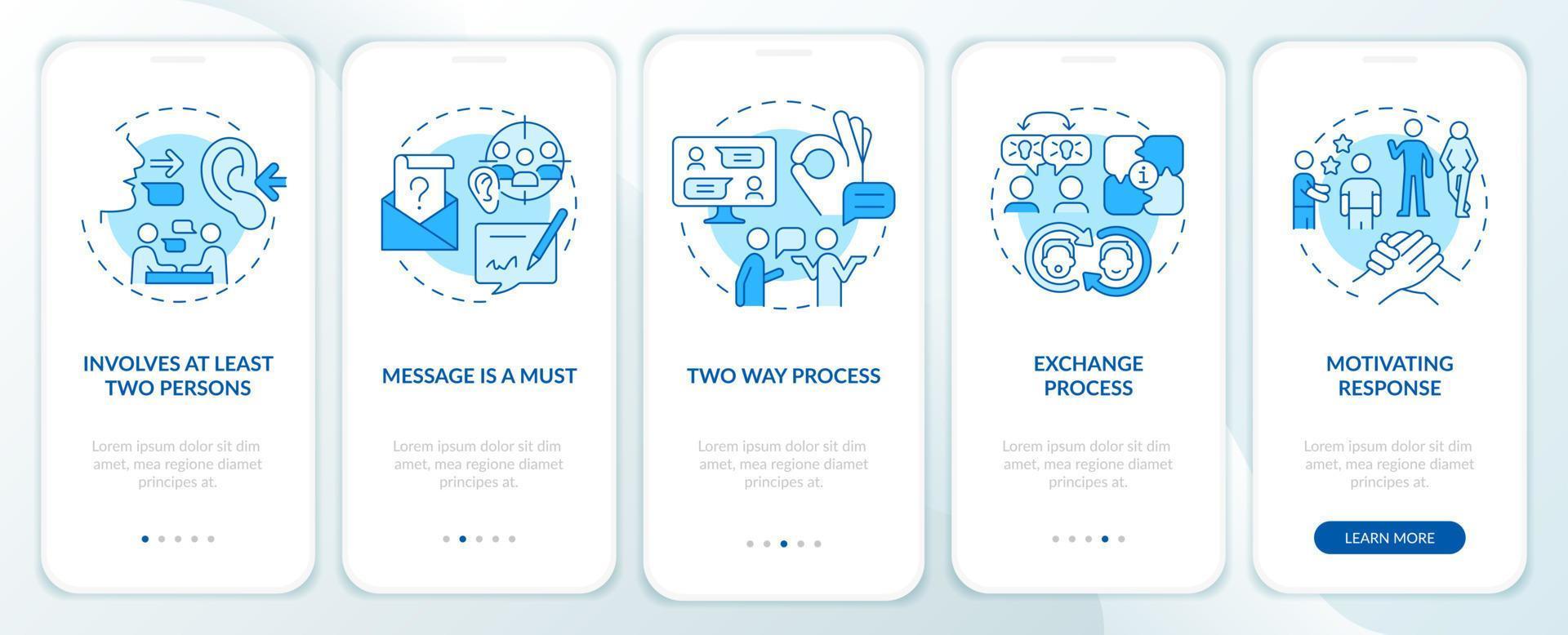 kenmerken van communicatie blauw onboarding mobiel app scherm. walkthrough 5 stappen grafisch instructies Pagina's met lineair concepten. ui, ux, gui sjabloon. vector