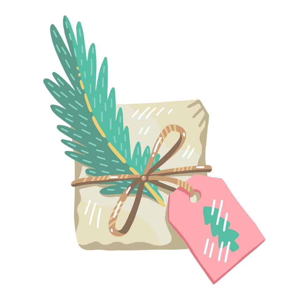 Kerstmis geschenk, versierd met planten, linten en gerecycled omhulsel papier vector