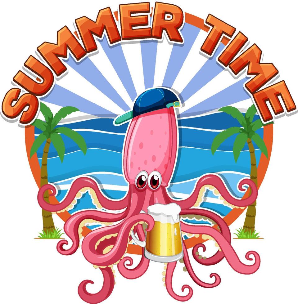 zomer tijd woord met inktvis tekenfilm vector
