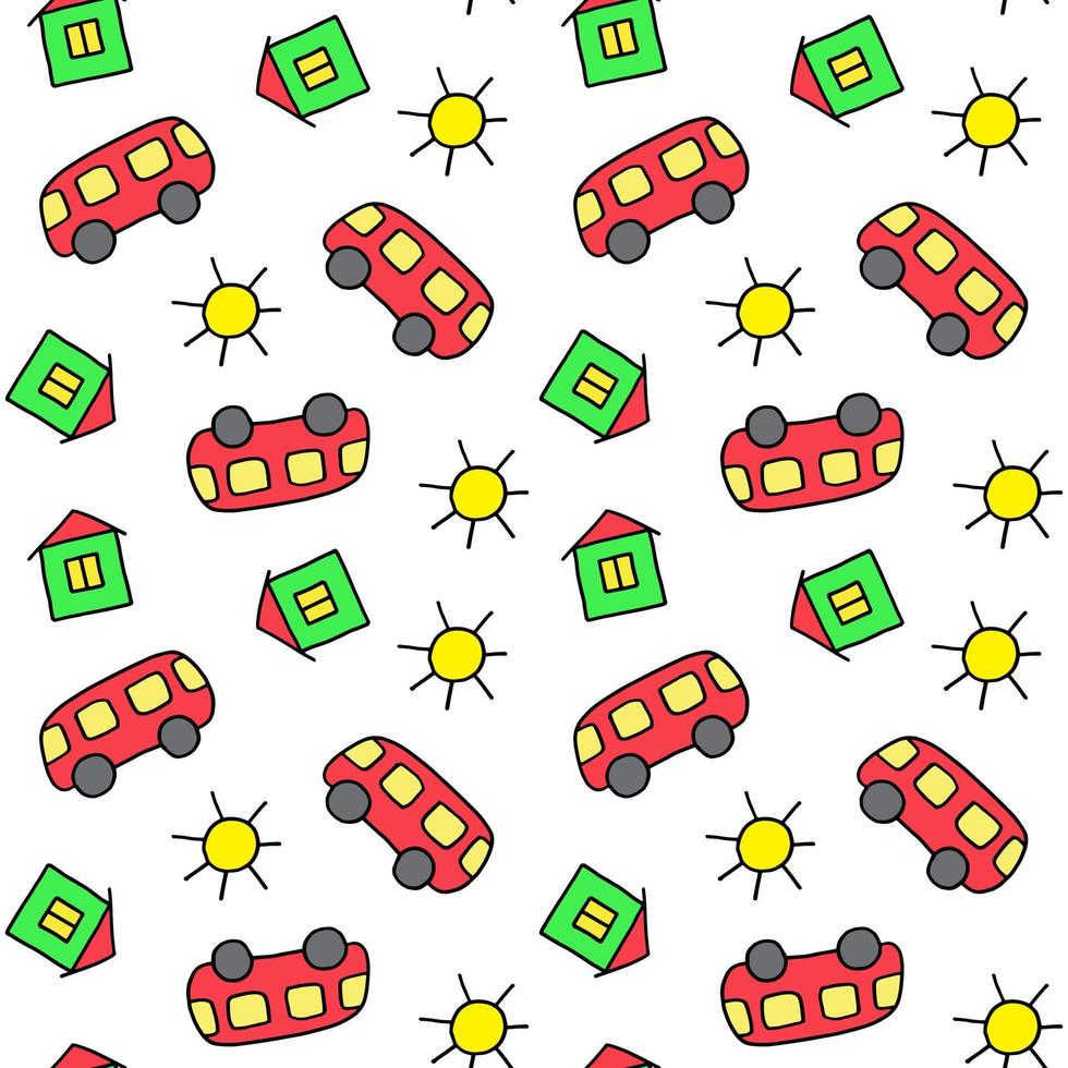 schattig naadloos patroon voor kinderen. bus, huis en zon. kleurrijke afdruk. doodle stijl illustratie. print voor kaarten, uitnodigingen, babyshower, inpakpapier, textiel, kleding en kamerdecoratie vector