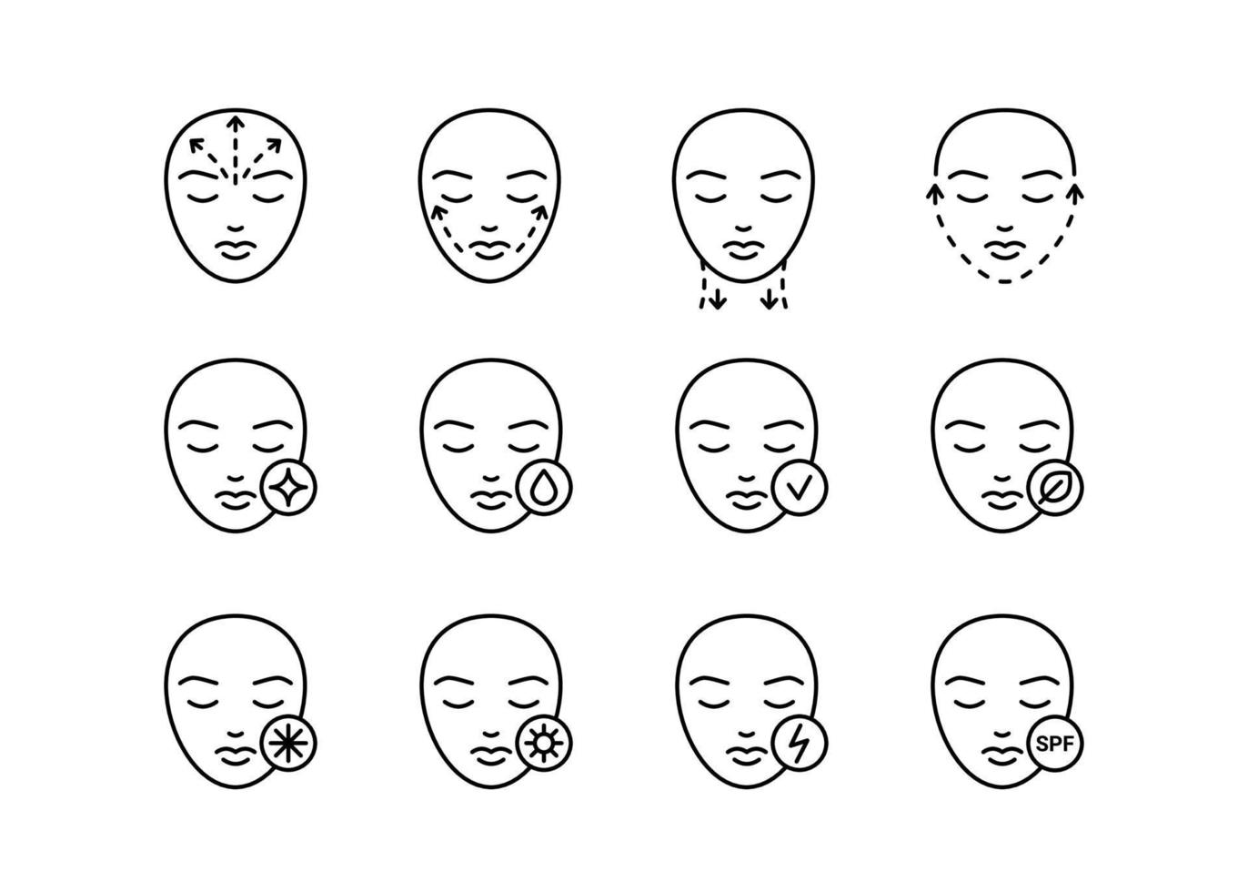 huid zorg van gezicht, lijn icoon set. schoonheid esthetisch procedure Aan wang, kin, voorhoofd en nek. hijs- door hydraterend, anti leeftijd, spf room. gelaats kunstmatig. vector schets teken illustratie