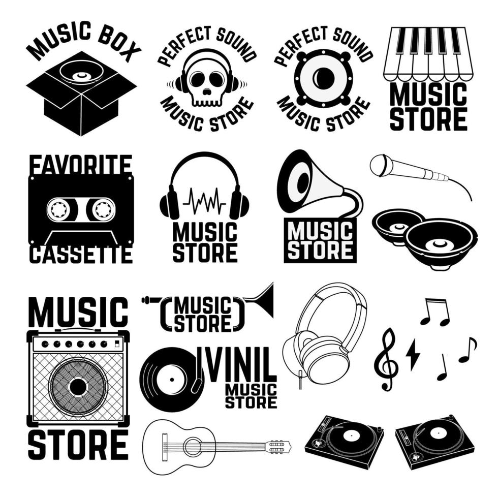 reeks van muziek- winkel etiketten en insignes. muziek- pictogrammen. vector illustratie.