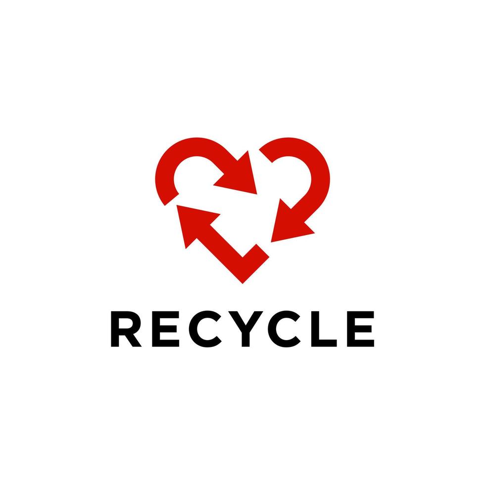 recycle rood hart pijl teken symbool. recycle met liefde icoon vector. hart vorm fiets milieu aarde ontwerp vector