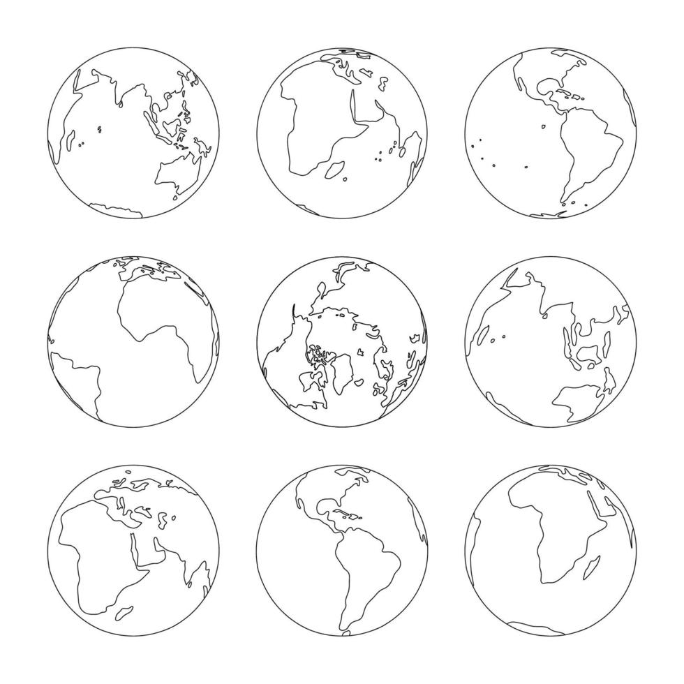 gplanet aarde icoon set, lijn schetsen wereldbol verzameling, hand- getrokken gemakkelijk globaal wereld kaart. abstract schets contour tekening. aardrijkskunde en pin concept vector illustratie.