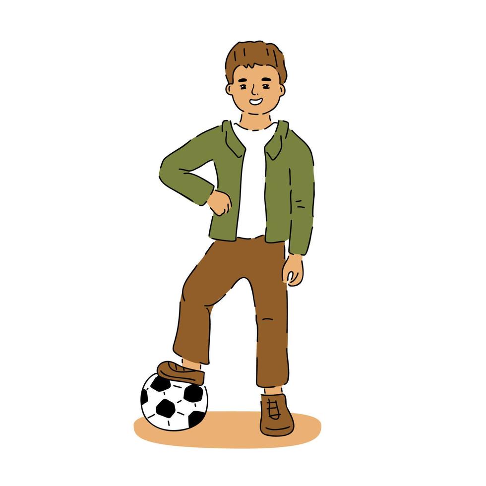 hand- getrokken jong schooljongen staan met voet Aan Amerikaans voetbal. onderwijs concept. zelfverzekerd speler klaar naar begin spel. kinderjaren concept. voetbal bal. terug naar school- sport onderwijs vector illustratie