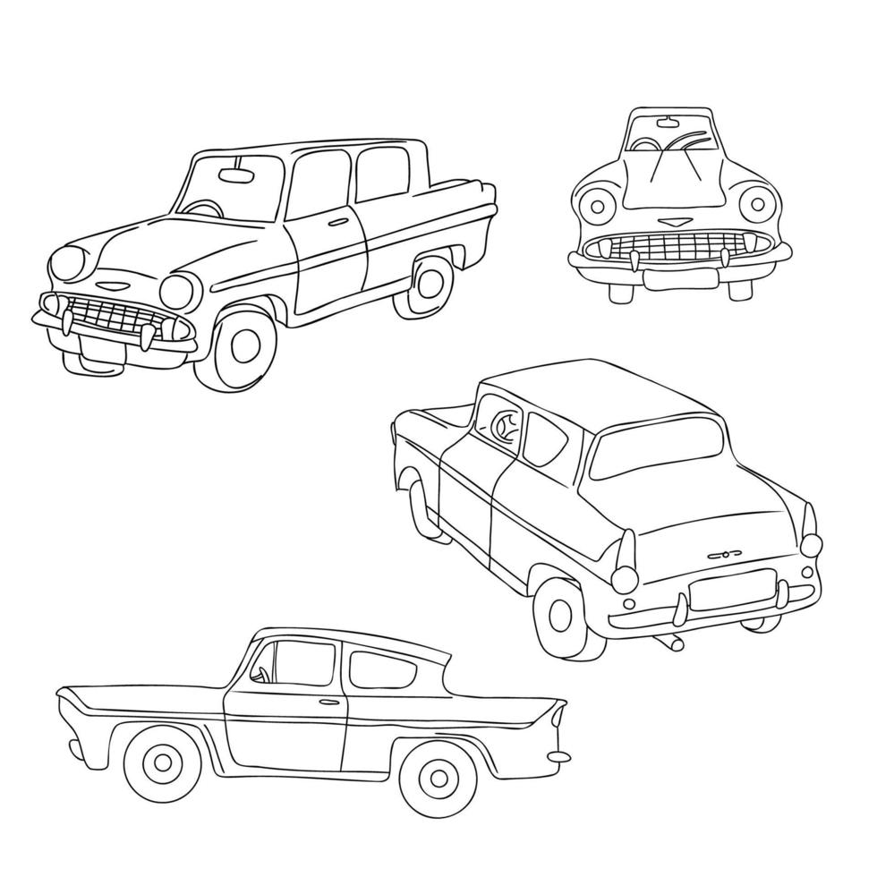 schets hand- getrokken retro auto in voorkant, kant en isometrische keer bekeken. wijnoogst auto silhouetten set. vector illustratie