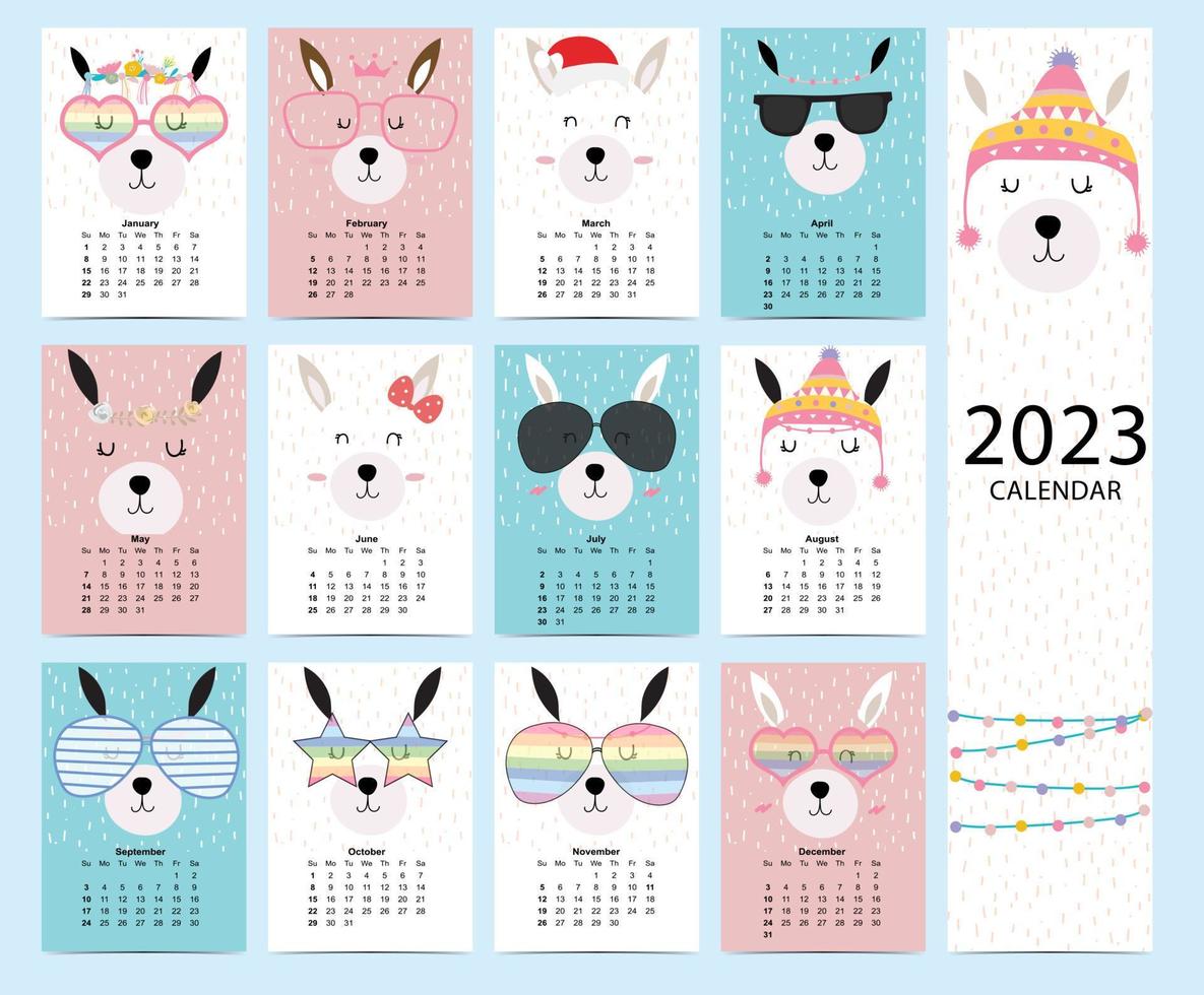 schattig kalender 2023 met lama voor kinderen.kunnen worden gebruikt voor afdrukbare grafisch vector