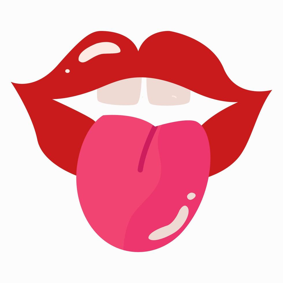 knal kunst vector sprekend rood lippen. sexy vrouw half open mond, likken, tong plakken uit.