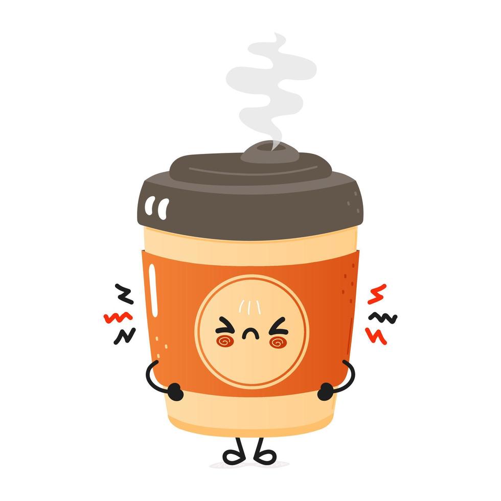 schattig boos kopje koffie karakter. vector hand getekend cartoon kawaii karakter illustratie pictogram. geïsoleerd op een witte achtergrond. triest kopje koffie karakter concept