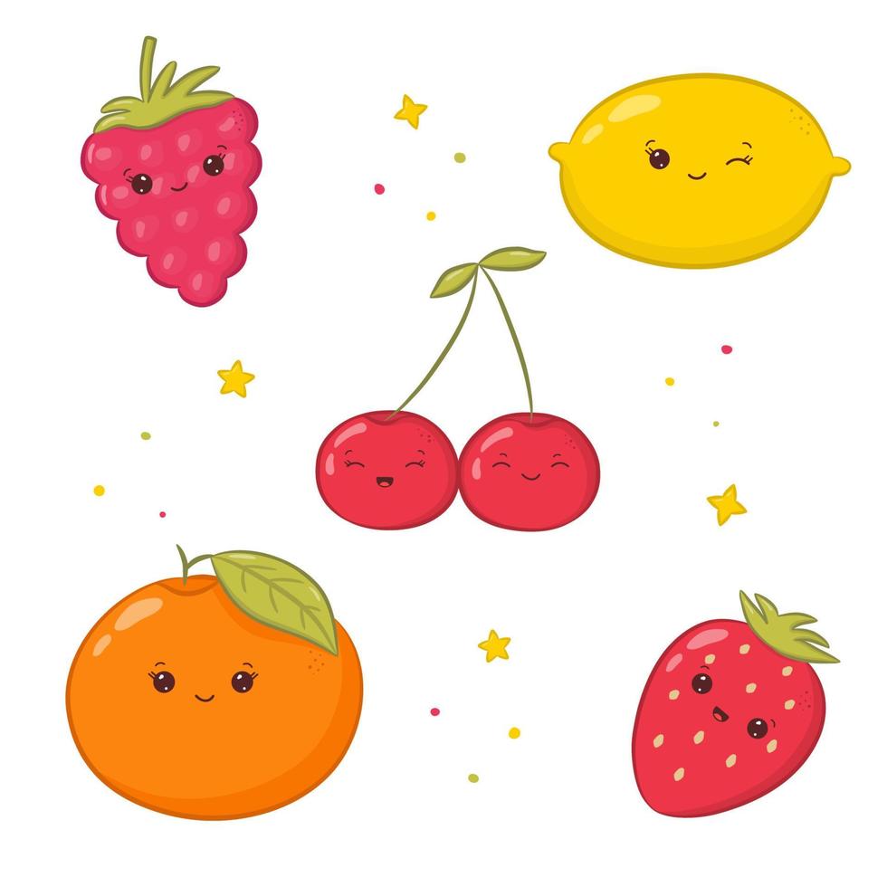 reeks van hand- getrokken fruit en bessen met schattig en grappig gezicht. tekens in kawaii stijl. vector illustratie geïsoleerd Aan wit achtergrond