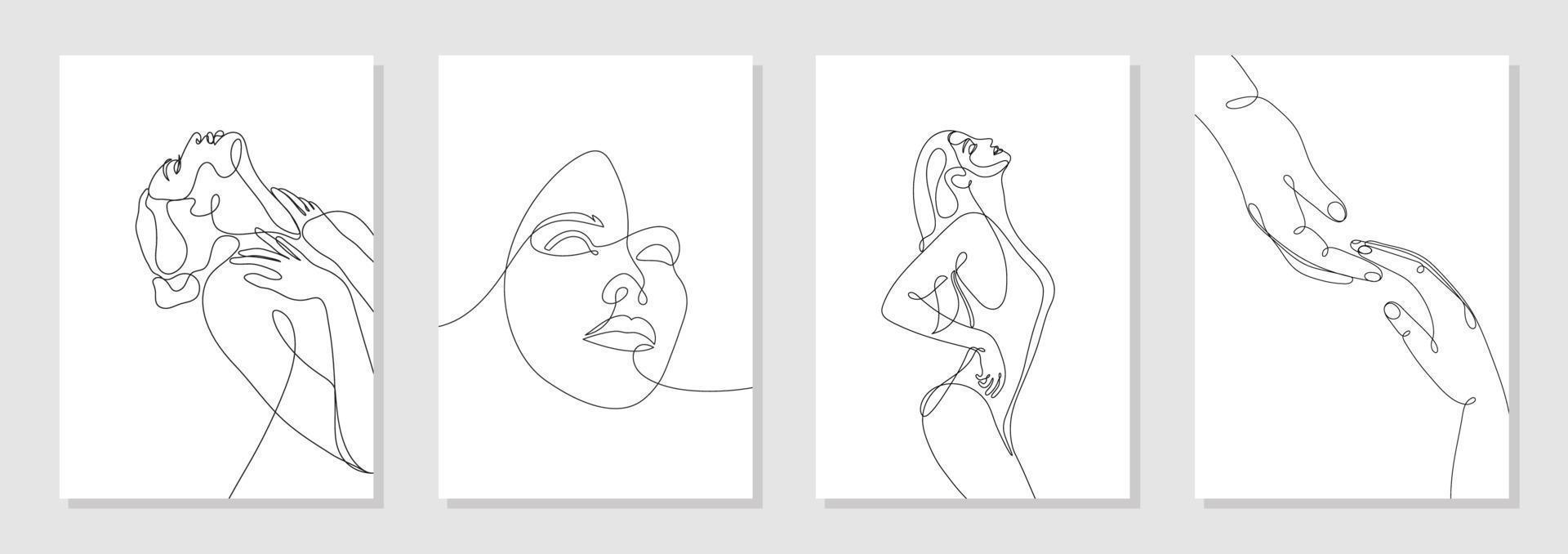 reeks van 4 muur kunst affiches. single lijn getrokken jong vrouw figuur, lichaam, schoonheid gezicht, nauwelijks aanraken handen, minimalistisch. dynamisch doorlopend een lijn grafisch vector ontwerp geïsoleerd Aan wit.