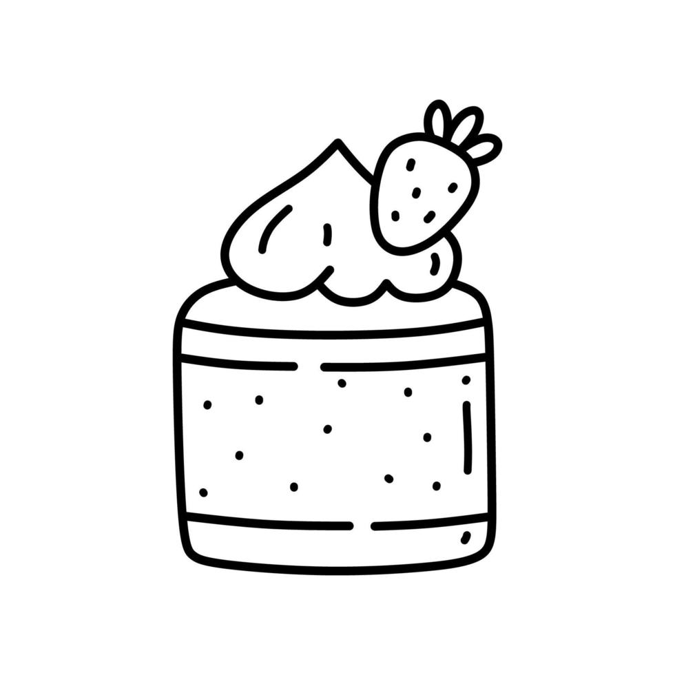 stuk aardbeientaart geïsoleerd op een witte achtergrond. schattig dessert versierd met bessen. vector handgetekende illustratie in doodle stijl. perfect voor vakantieontwerpen, kaarten, decoraties, logo, menu.