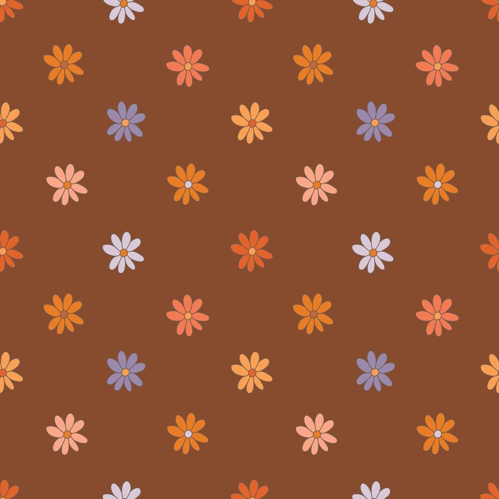 groovy madeliefje bloemen naadloos patroon, jaren 60, jaren 70 retro stijl. regenboog madeliefjes Aan een bruin achtergrond. roze, oranje, Purper en rood kleuren. vector