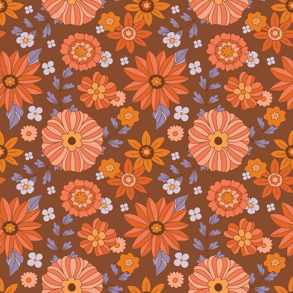 jaren 70 bloemen naadloos patroon. groovy madeliefje bloem. hippie esthetiek, wijnoogst stijl, vallen kleuren. zonnebloemen en dahlia's met Purper gebladerte. retro textiel ontwerp, vector illustratie. boho chique.