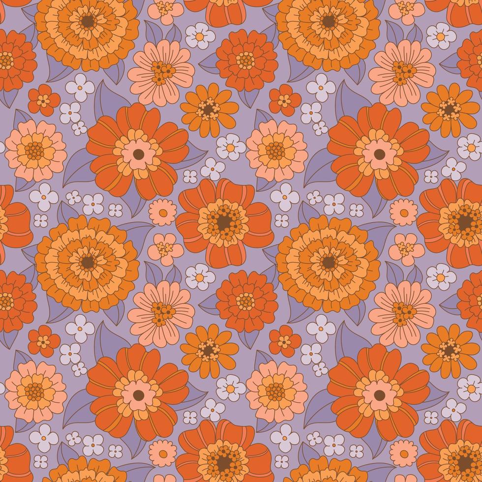 jaren 70 bloemen naadloos patroon. groovy madeliefje bloem. hippie esthetiek, wijnoogst stijl, vallen kleuren. zonnebloemen en dahlia's met Purper gebladerte. retro textiel ontwerp, vector illustratie. boho chique.