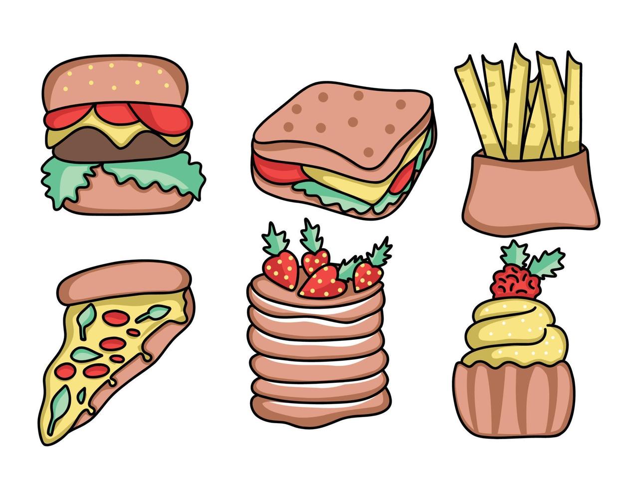 helder sappig stickers pictogrammen stickers voedsel snel voedsel pizza hamburger aardappel pannenkoek taart belegd broodje vector