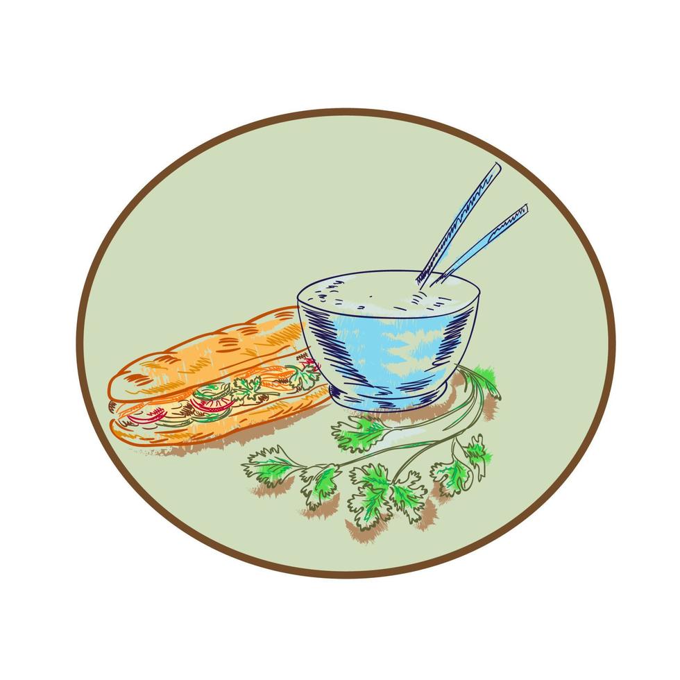 banh misandwich en rijst- kom tekening vector
