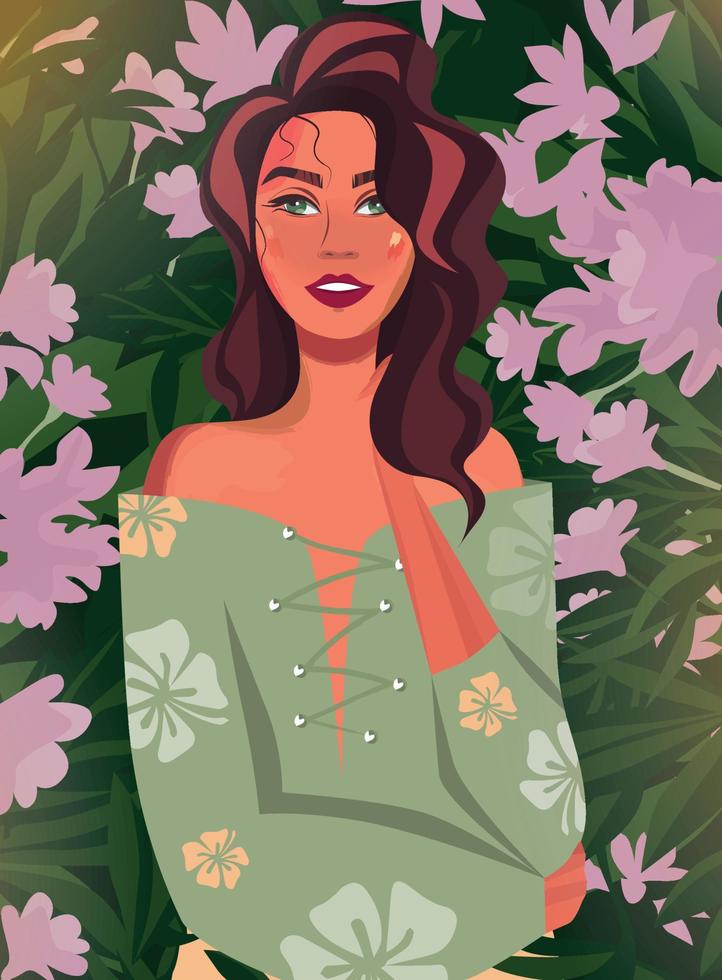 digitaal illustratie van een portret versie van de harmonie van een gelukkig meisje in natuur in bloemen en bladeren van groen vector