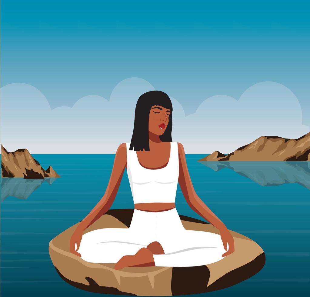 digitaal illustratie van een yogi meisje in de zomer resting en mediteren Aan vakantie Aan de eiland en aan het doen yoga Aan de water vector