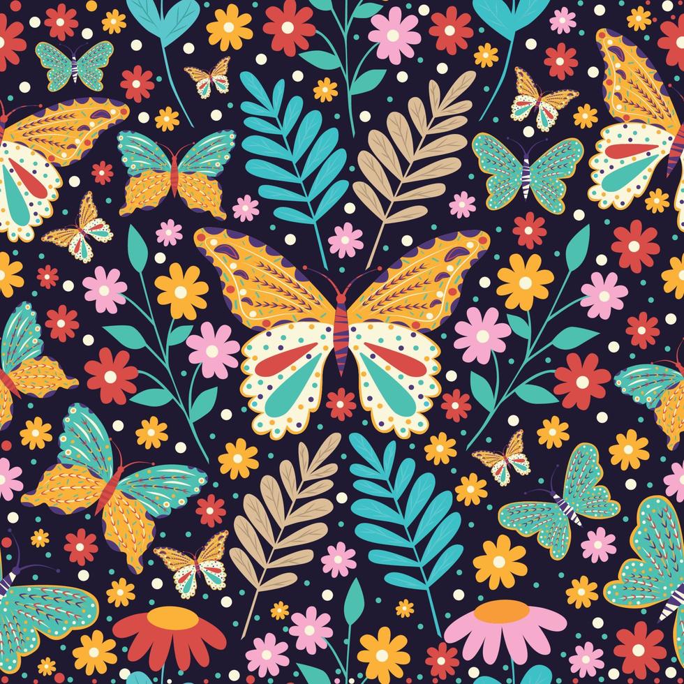 digitaal illustratie patroon van helder mooi vlinders bloemen en planten Aan een donker achtergrond vector