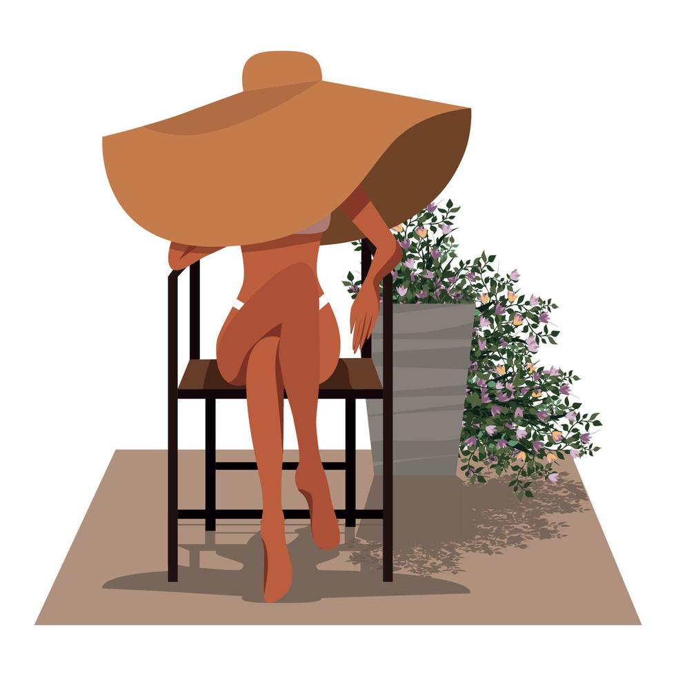 vector illustratie van een gebruind meisje model- in een groot hoed met een rand zit Aan een stoel, haar gezicht is verborgen tegen een achtergrond van planten