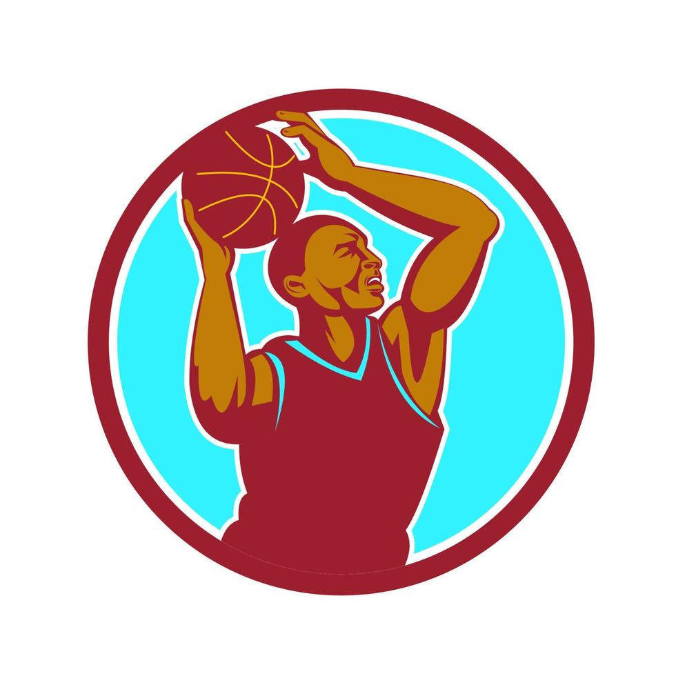 basketbal speler terugkaatsend bal cirkel retro vector