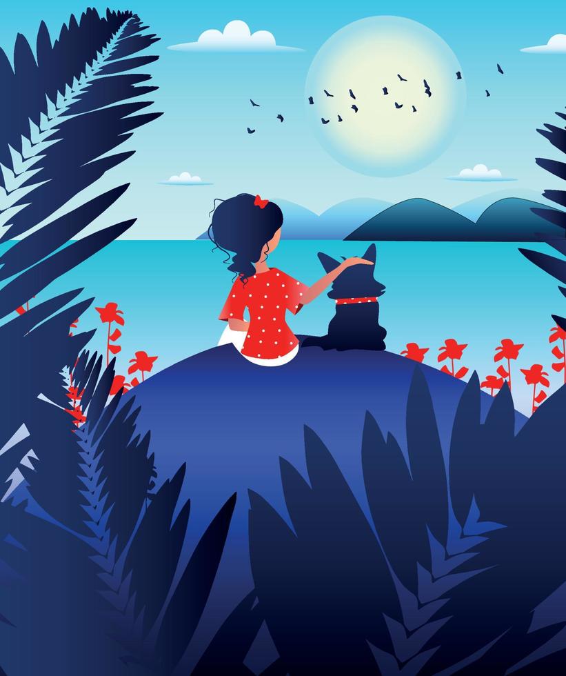 vector illustratie meisje en haar huisdier hondje het beste vrienden zitten in natuur en kijken Bij de meer oceaan lucht zon vogelstand concept kinderen illustratie neiging kleuren blauw rood