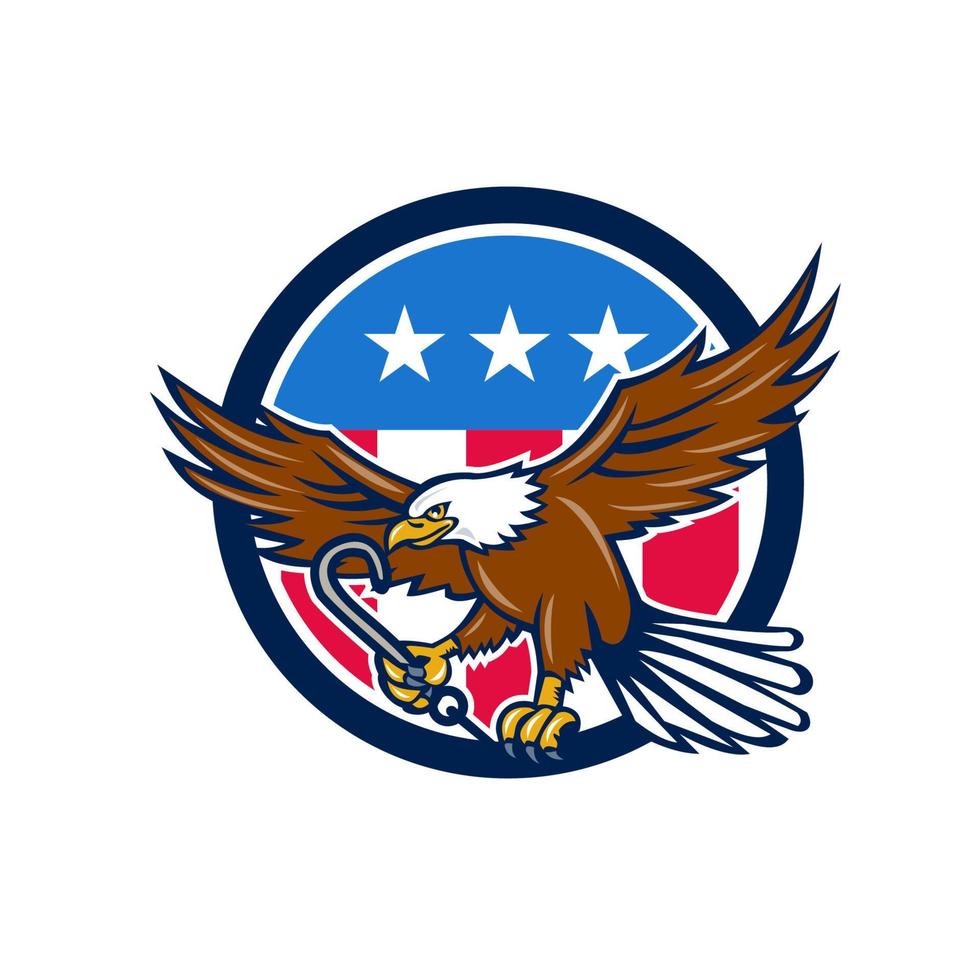 Amerikaans adelaar geklemd slepen j haak Verenigde Staten van Amerika vlag cirkel retro vector