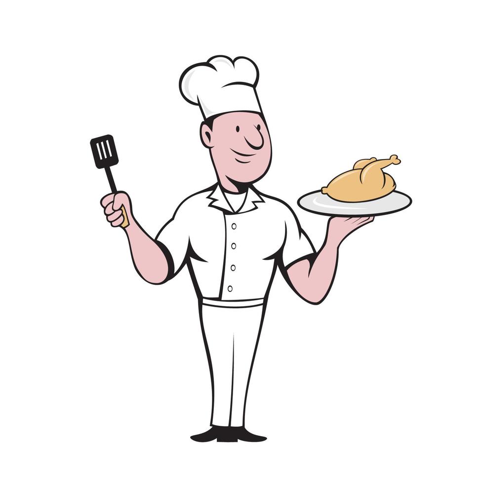 chef koken gebraden kip spatel tekenfilm vector