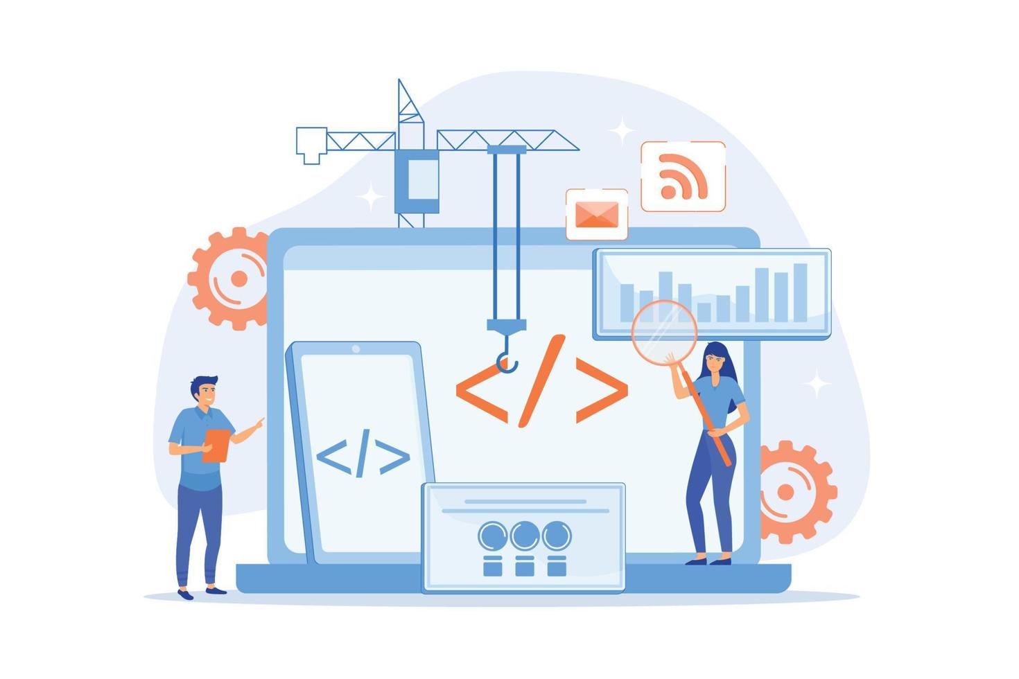 ingenieur en ontwikkelaar met laptop en tablet code. platformonafhankelijk ontwikkeling, platformonafhankelijk in werking systemen en software omgevingen concept. vlak vector modern illistration