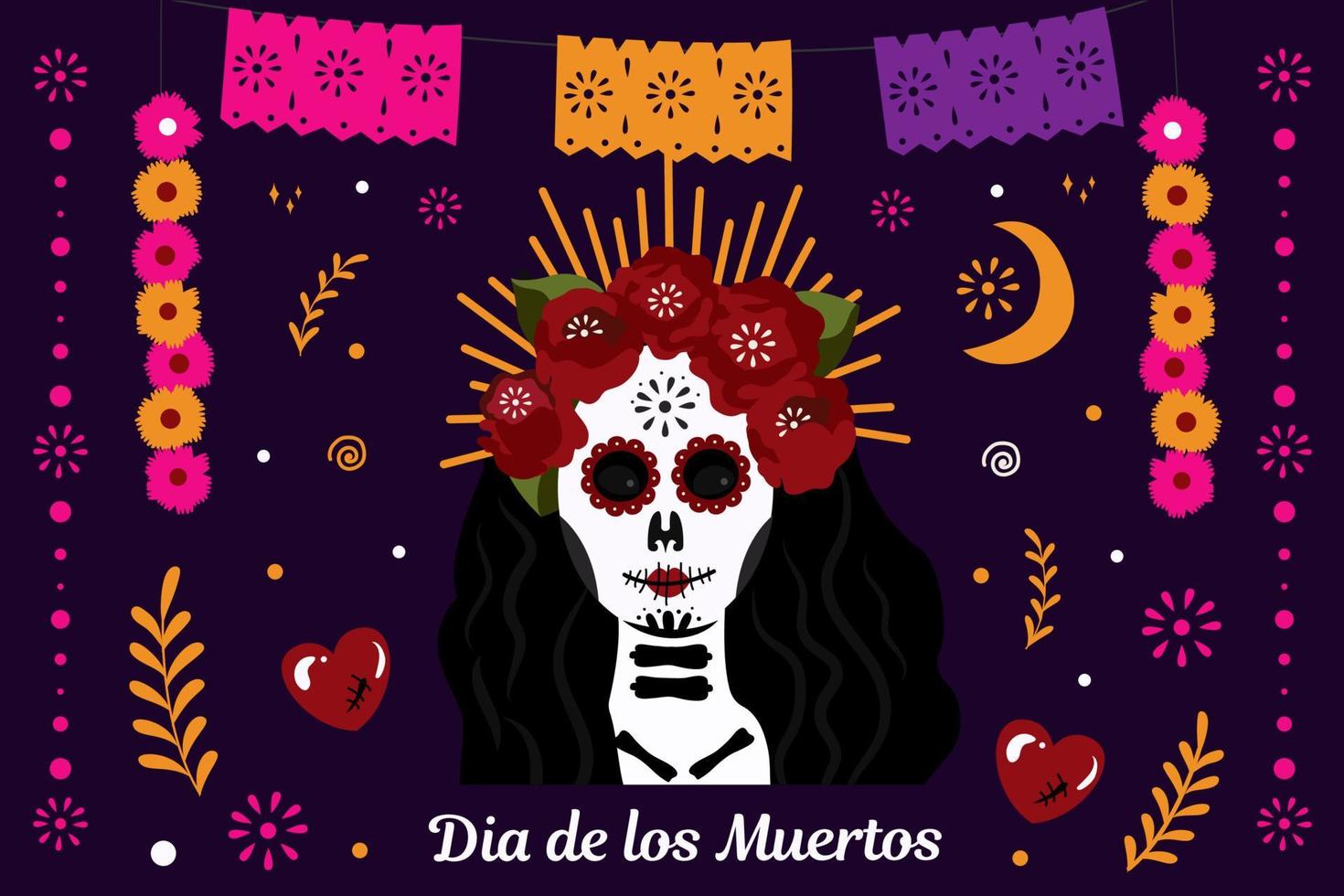 dia de muertos. dag van de dood. ornament met Dat, vrouw schedel. vector